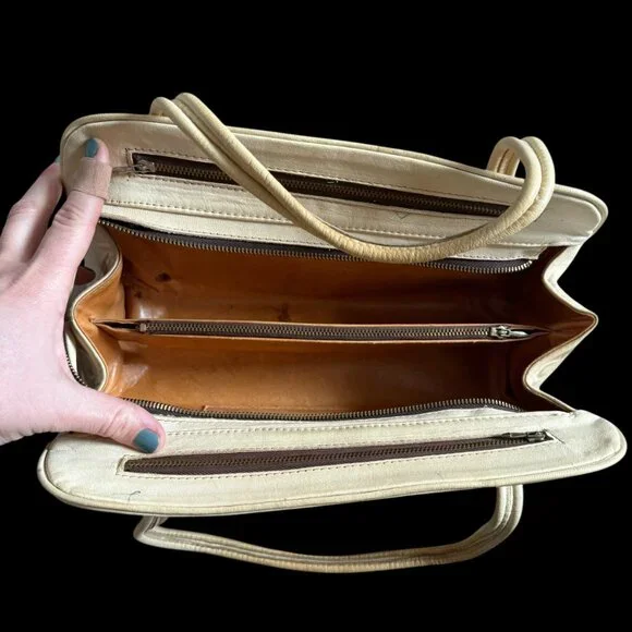 Vintage Leather Tooled Handbag Purse Ivory Western Ideal Zipper Cream - Picture 6 of 13